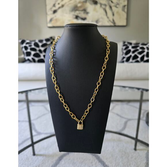 Stainless Steel Gold Rhinestone Lock Necklace New - Picture 1 of 4